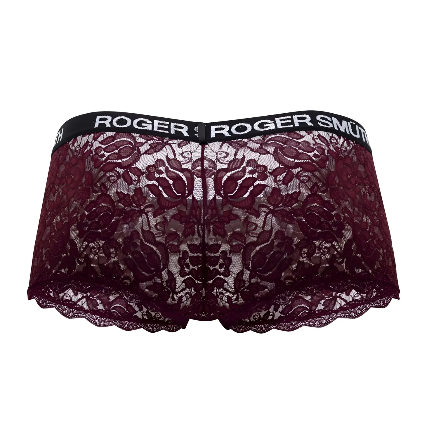 Roger Smuth RS035 trunks burgundy lace underwear with black elastic waistband and roger smu branding in white letters