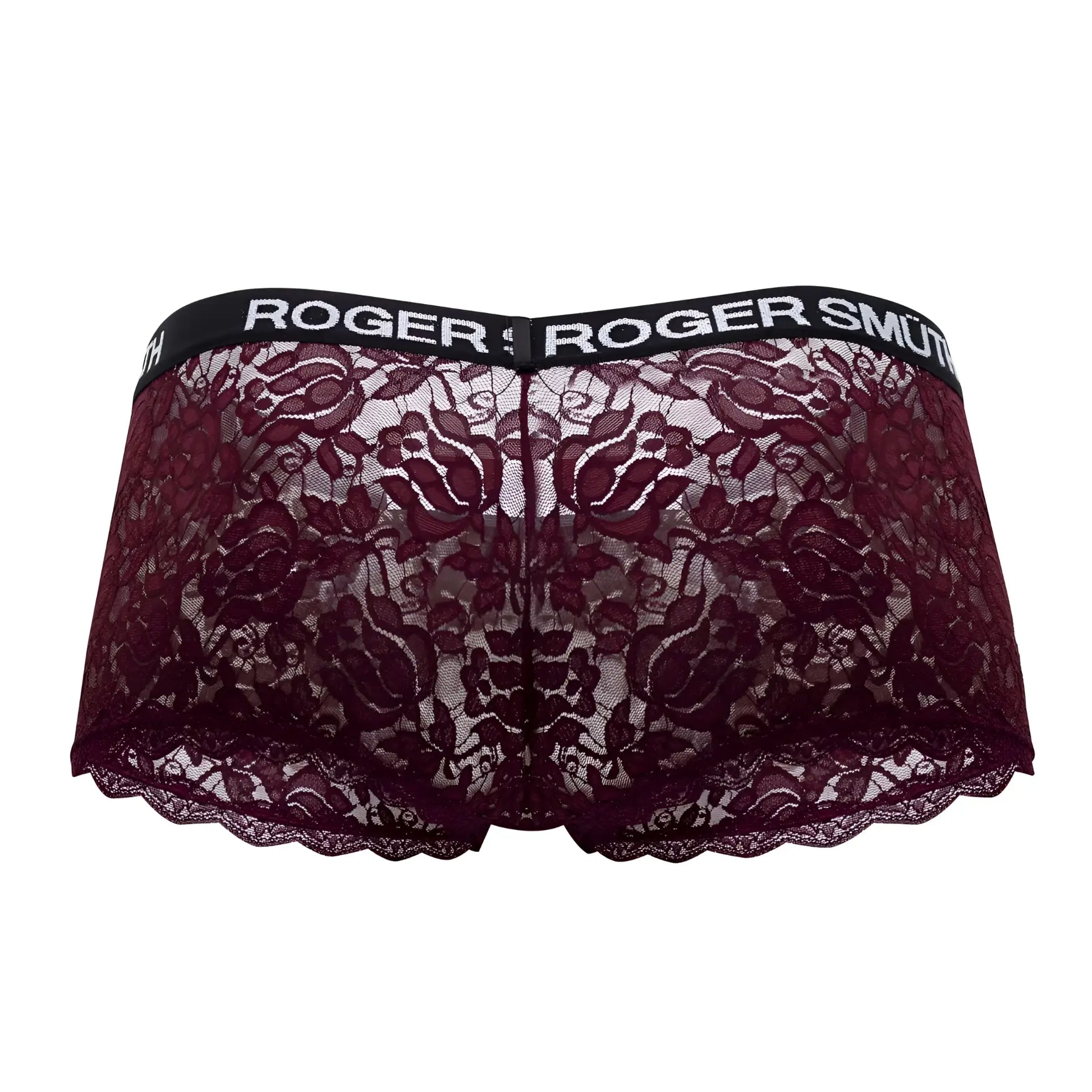 Roger Smuth RS035 trunks burgundy lace underwear with black elastic waistband and roger smu branding in white letters