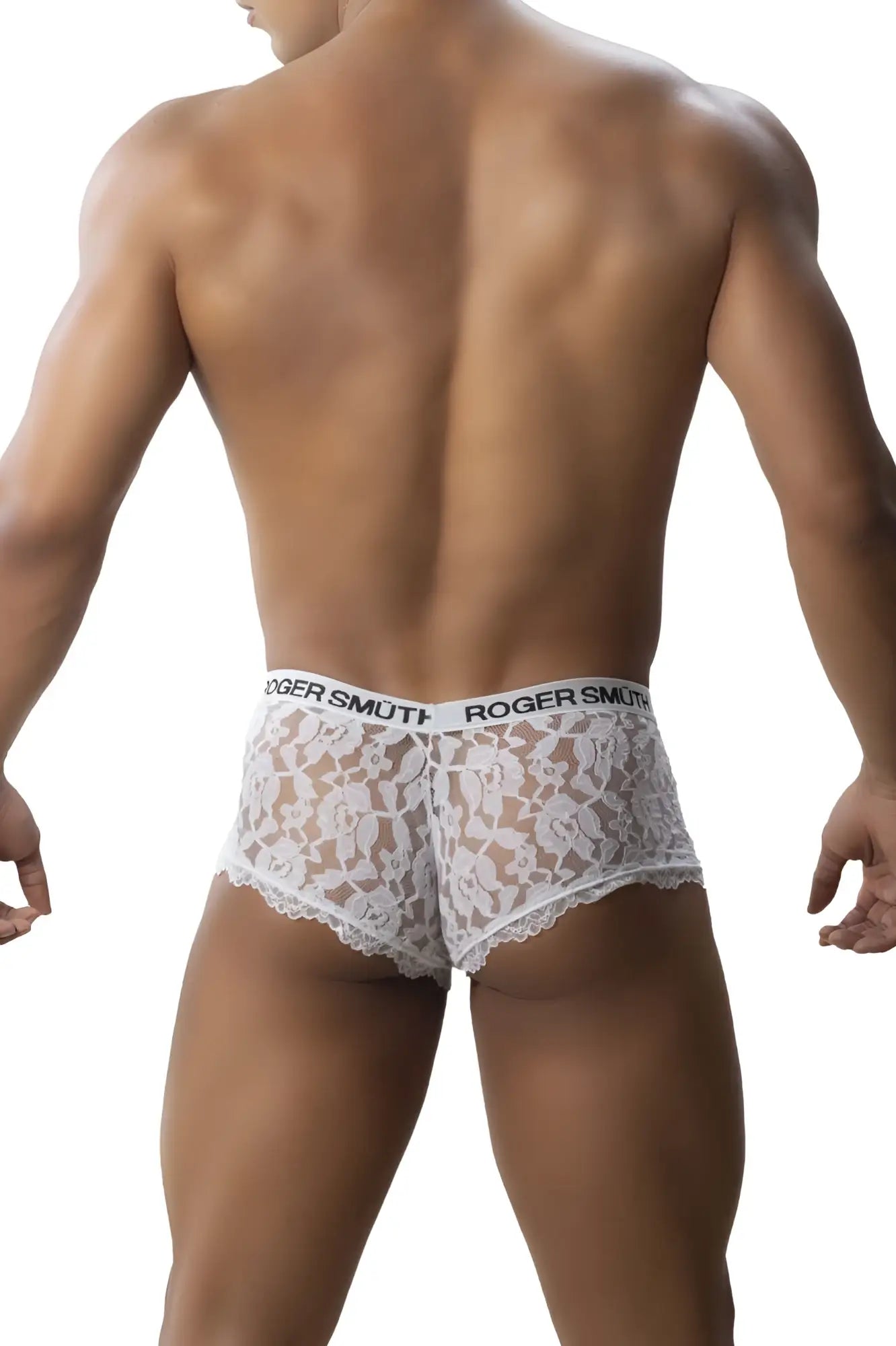 White lace briefs with a floral pattern and roger smutt branding on the waistband in white color rs035 trunks