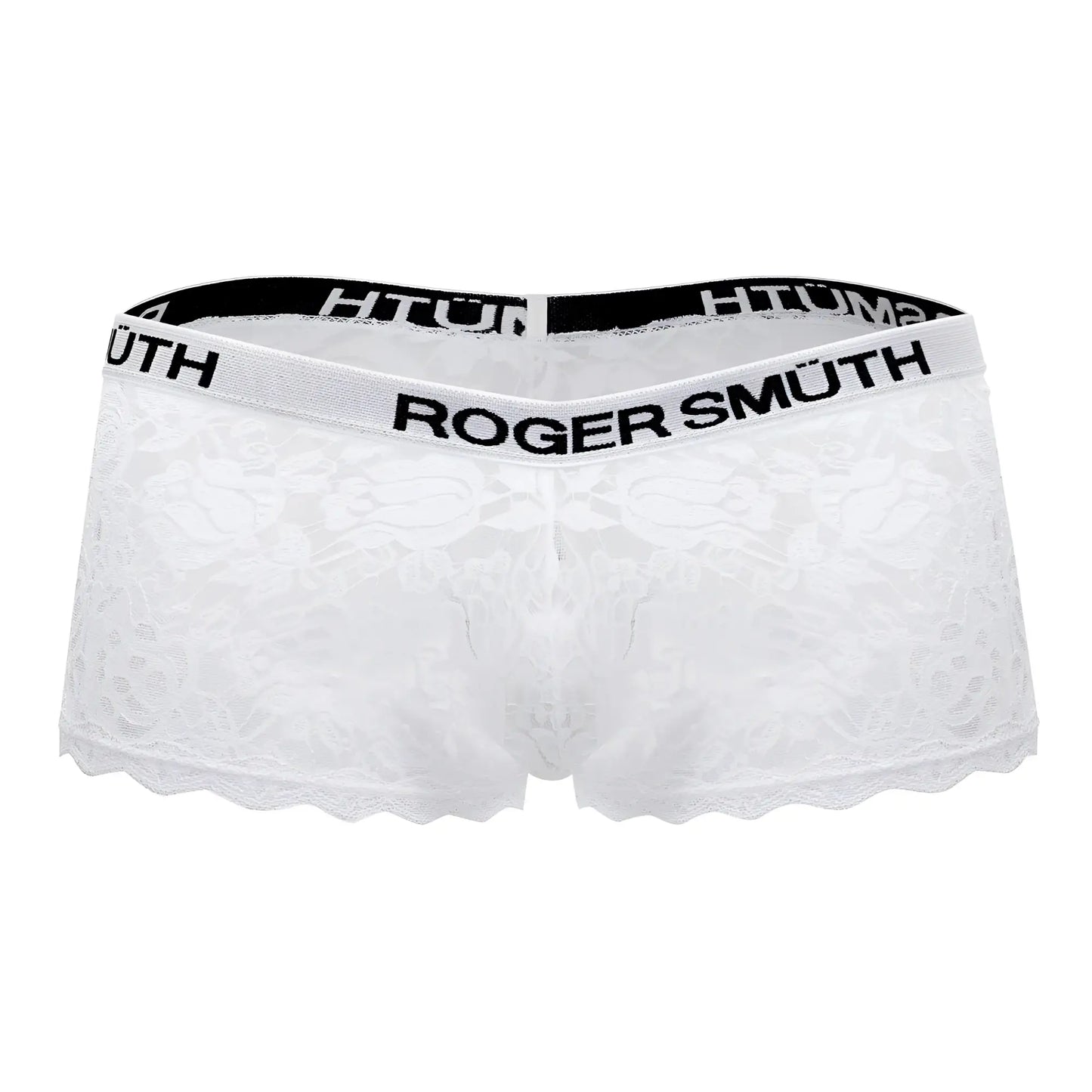 White lace men’s underwear trunks with black elastic waistband and roger smuth branding in bold lettering
