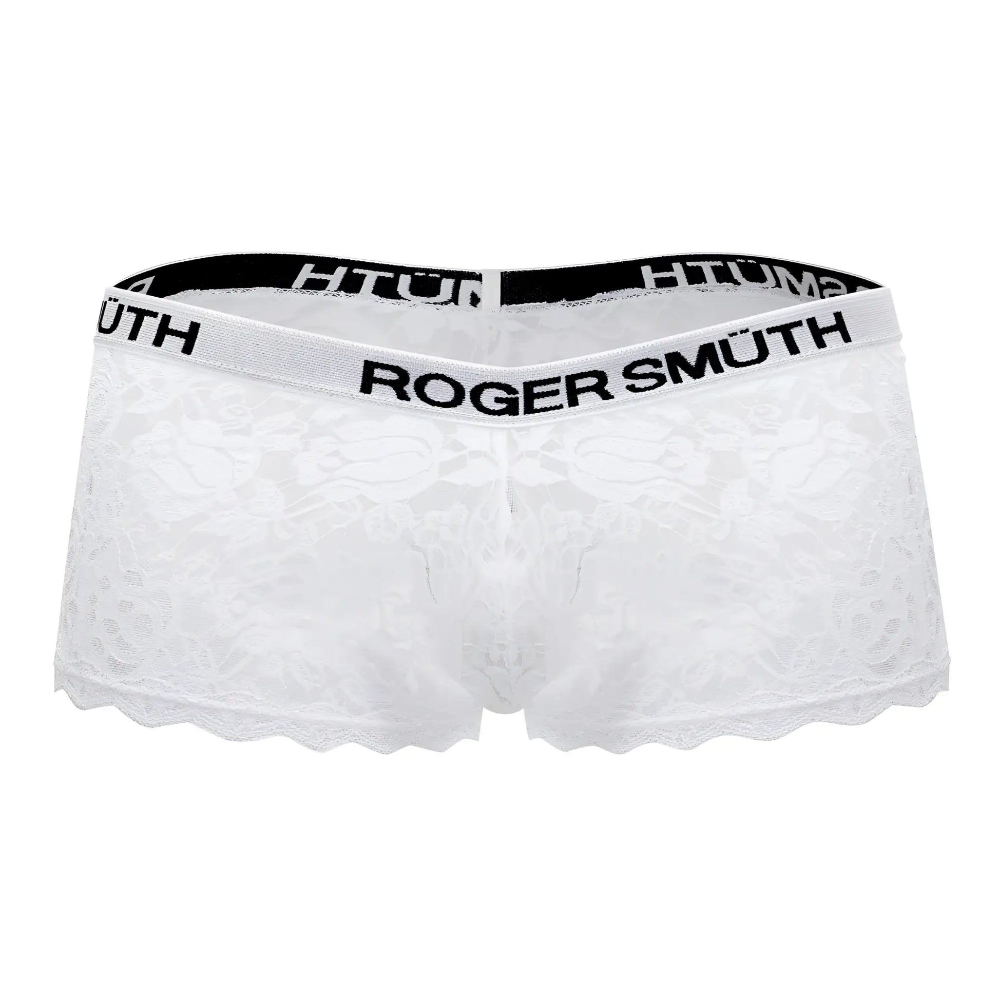 White lace men’s underwear trunks with black elastic waistband and roger smuth branding in bold lettering