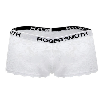 White lace men’s underwear trunks with black elastic waistband and roger smuth branding in bold lettering