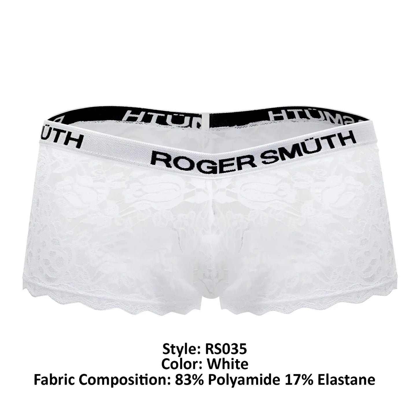White lace men’s trunks with black elastic waistband featuring roger smuth branding in bold white lettering