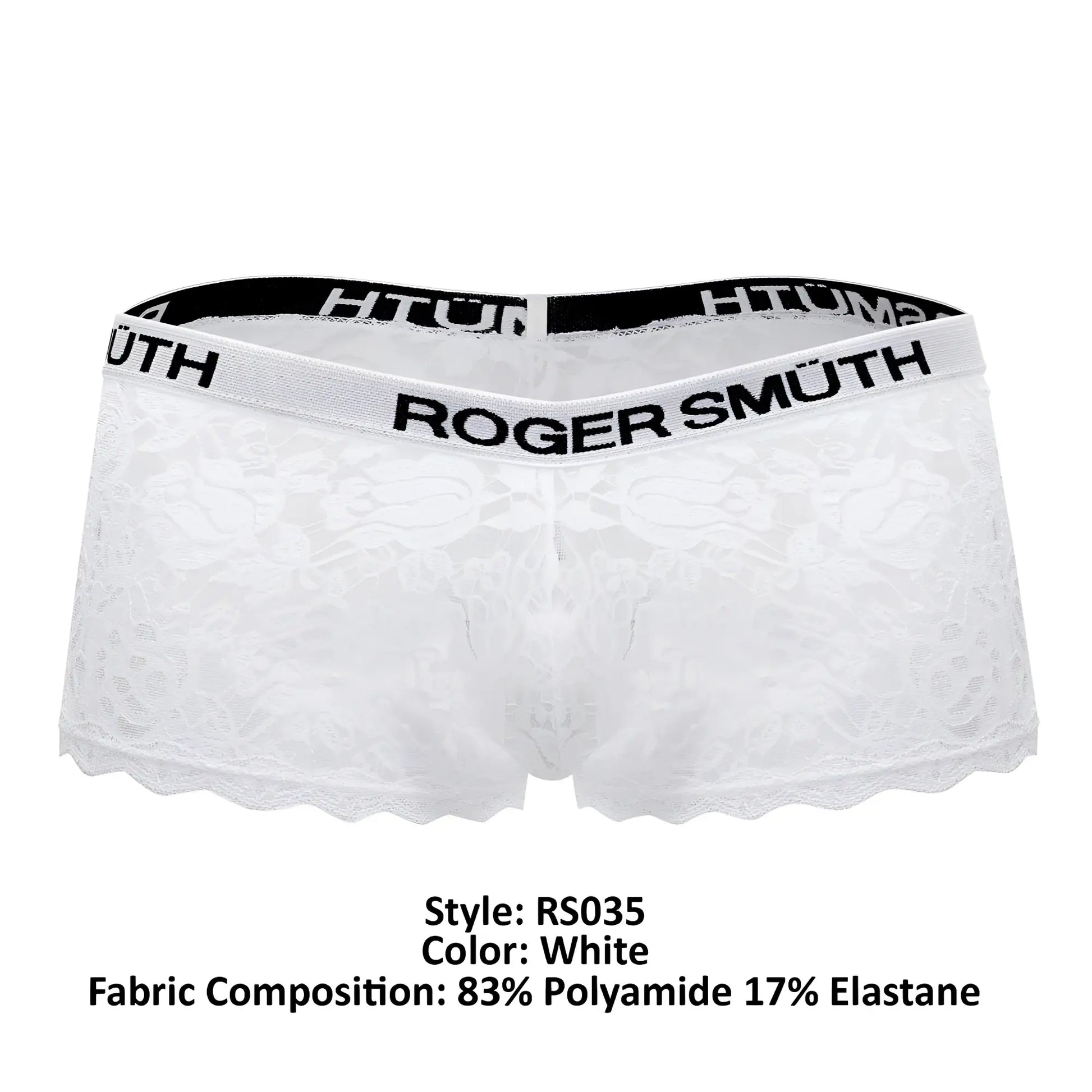White lace men’s trunks with black elastic waistband featuring roger smuth branding in bold white lettering