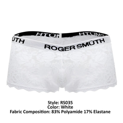 White lace men’s trunks with black elastic waistband featuring roger smuth branding in bold white lettering