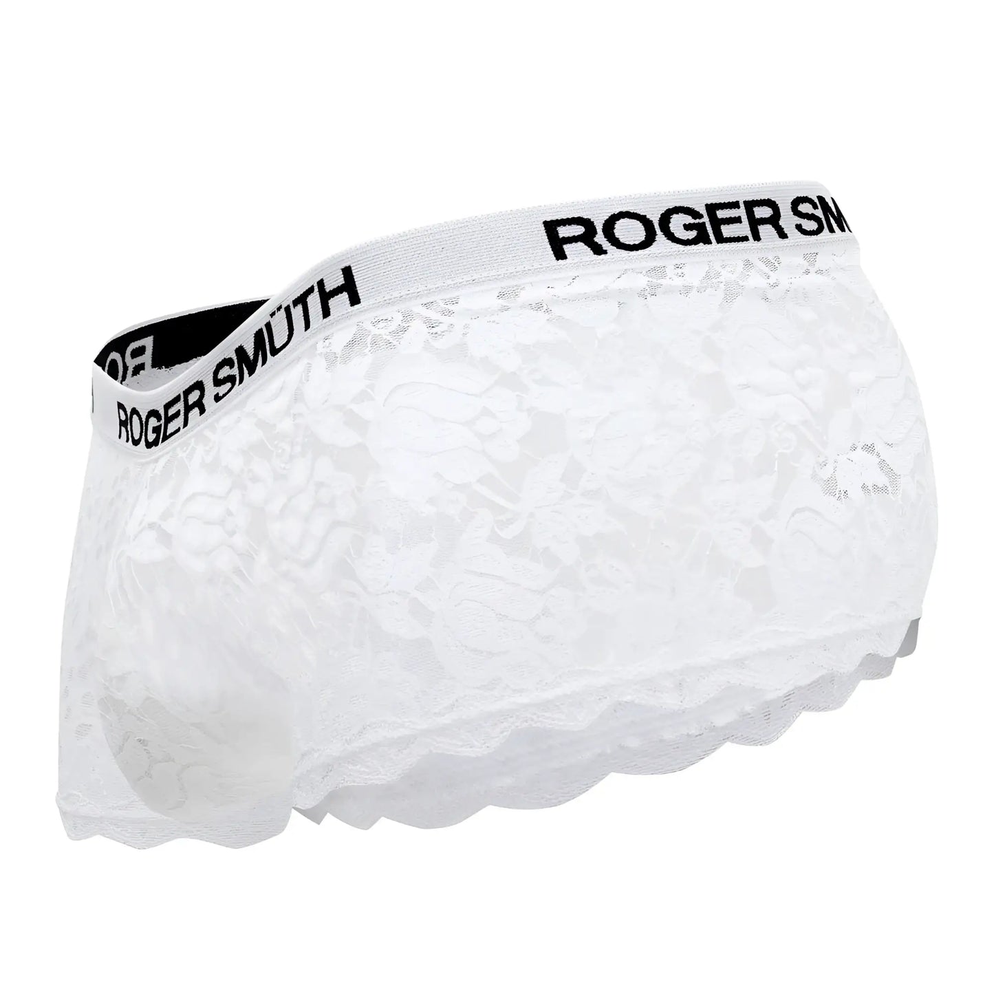White lace briefs with scalloped hem and roger smu branding on elastic waistband from roger smuth rs035 trunks