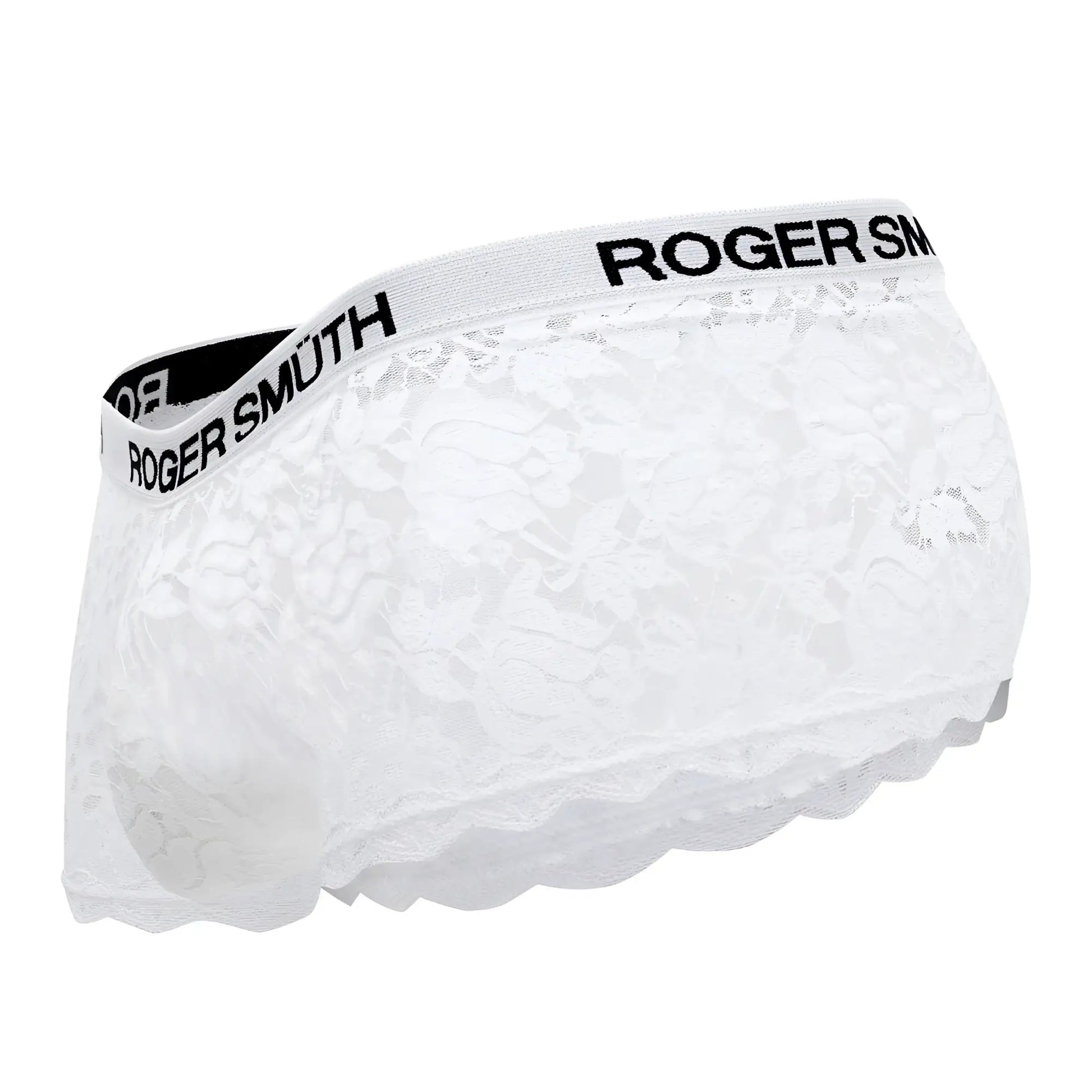 White lace briefs with scalloped hem and roger smu branding on elastic waistband from roger smuth rs035 trunks