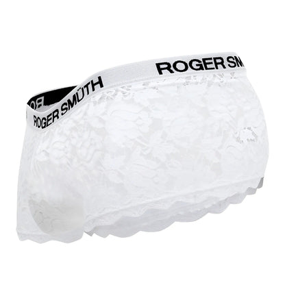 White lace briefs with scalloped hem and roger smu branding on elastic waistband from roger smuth rs035 trunks