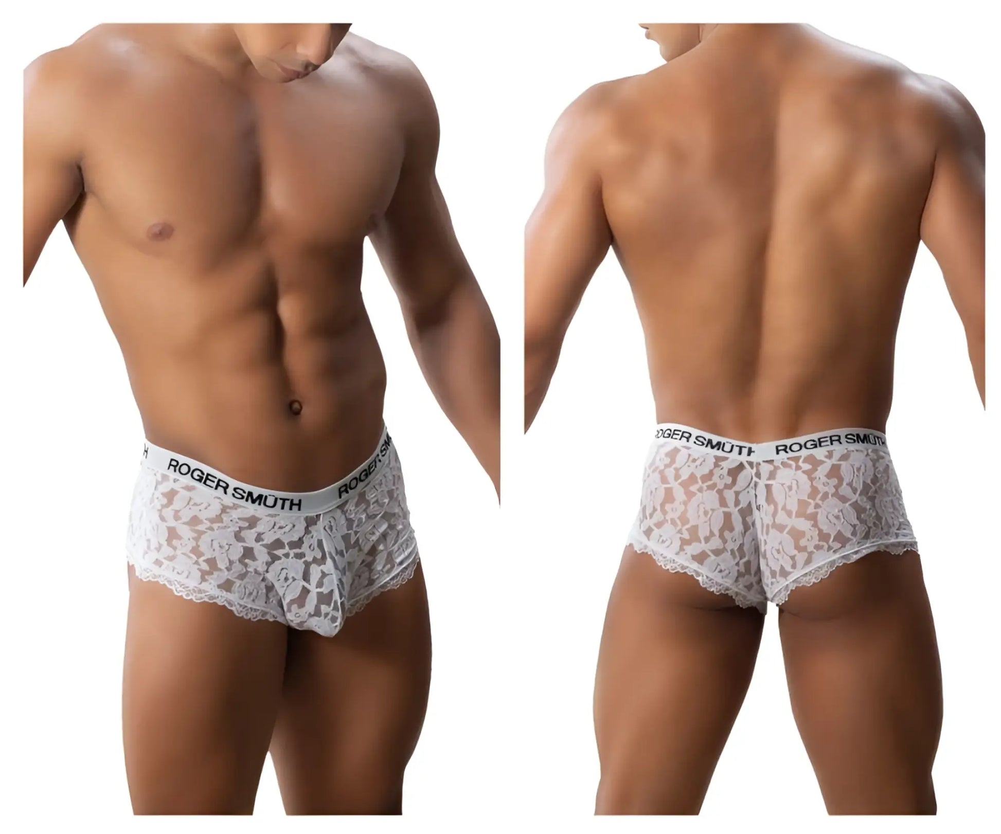 White lace briefs with roger smutth branding on elastic waistband from roger smuth rs035 trunks white collection