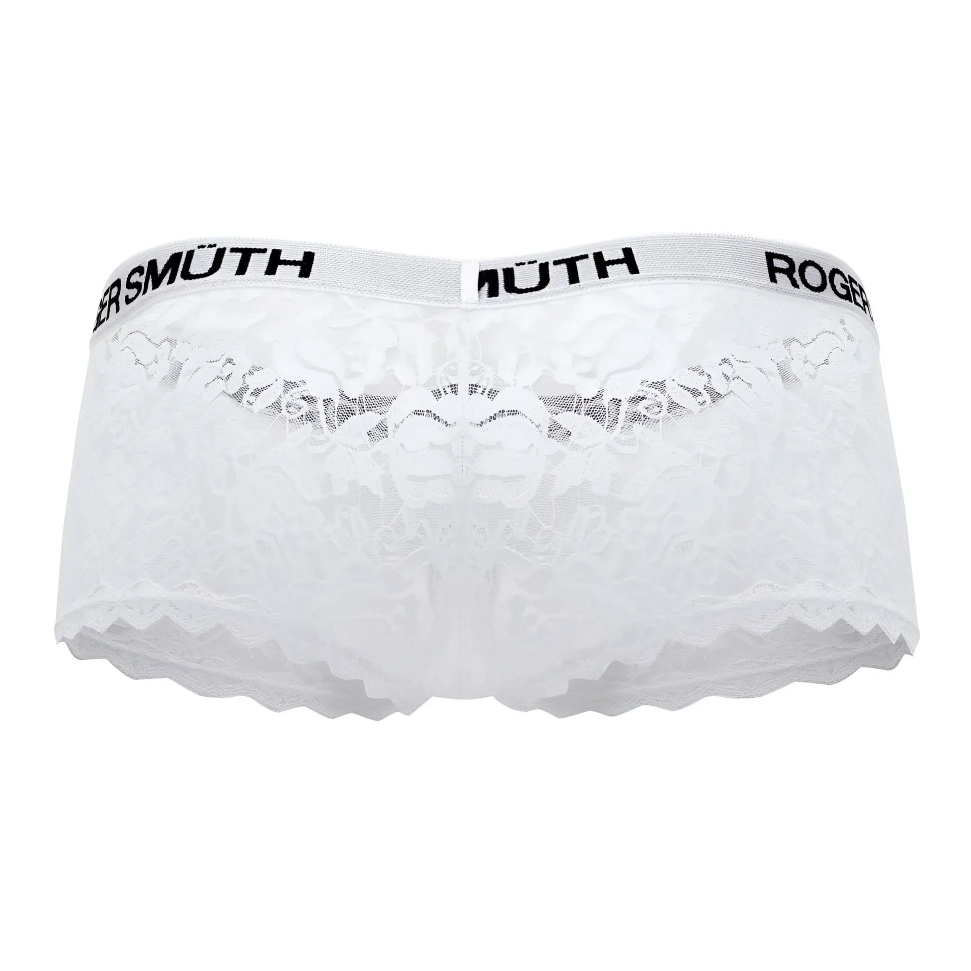 White lace roger smuth rs035 trunks with scalloped edge and black branding on waistband