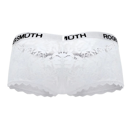 White lace roger smuth rs035 trunks with scalloped edge and black branding on waistband