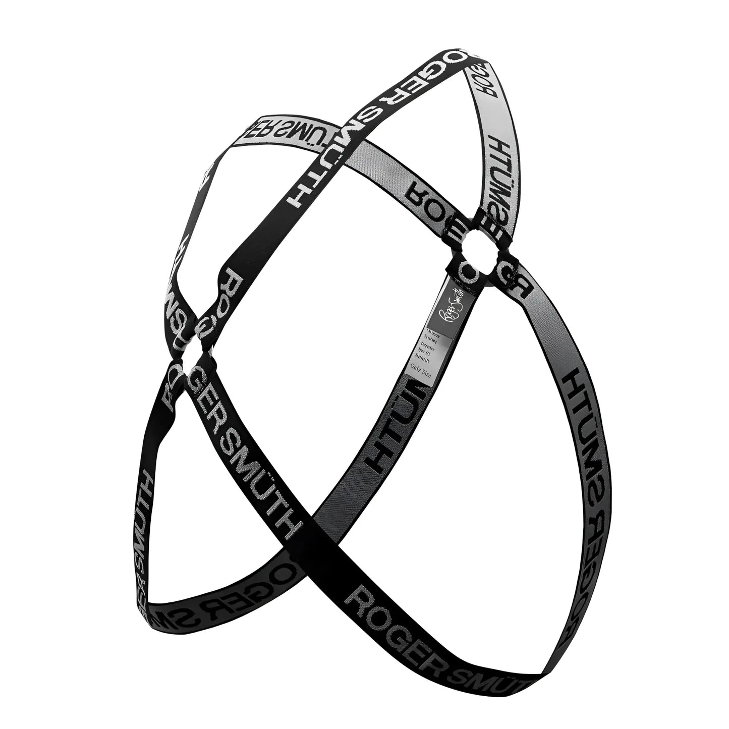 Black and gray striped crossbody strap with roger smith branding in bold white lettering for rs037 harness model