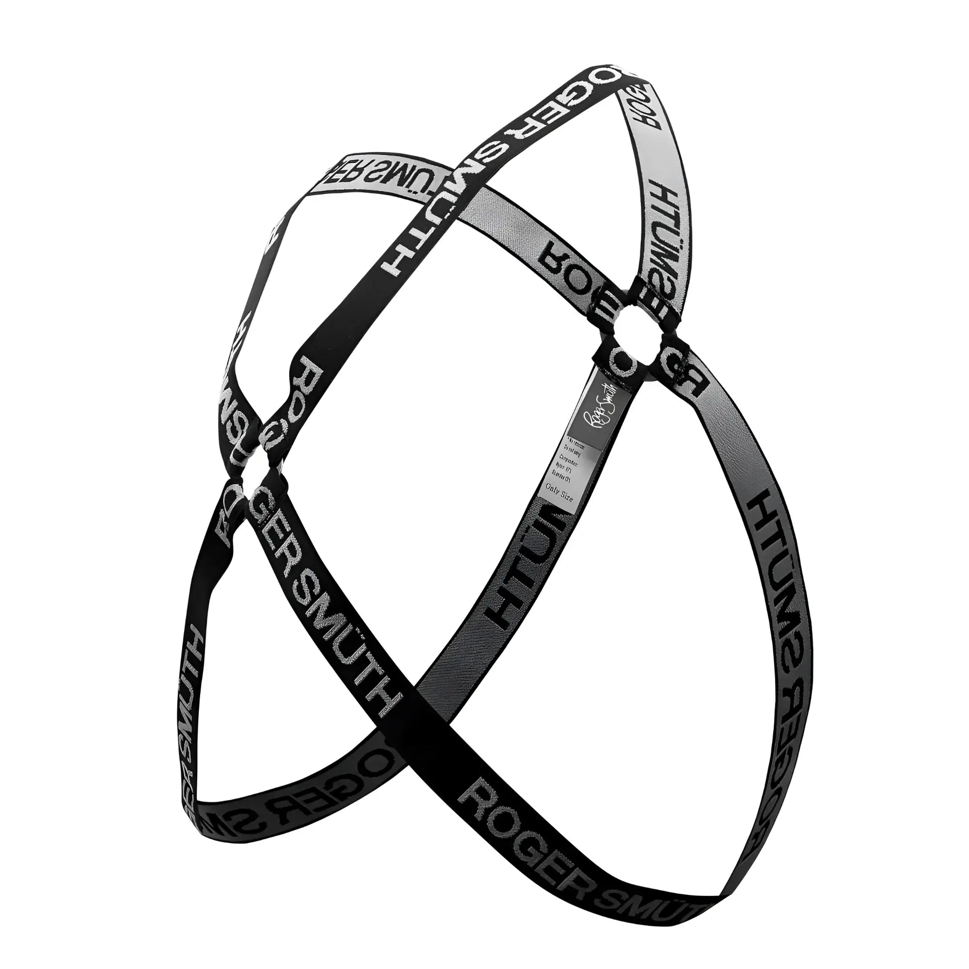 Black and gray striped crossbody strap with roger smith branding in bold white lettering for rs037 harness model