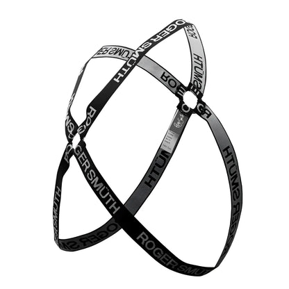 Black and gray striped crossbody strap with roger smith branding in bold white lettering for rs037 harness model
