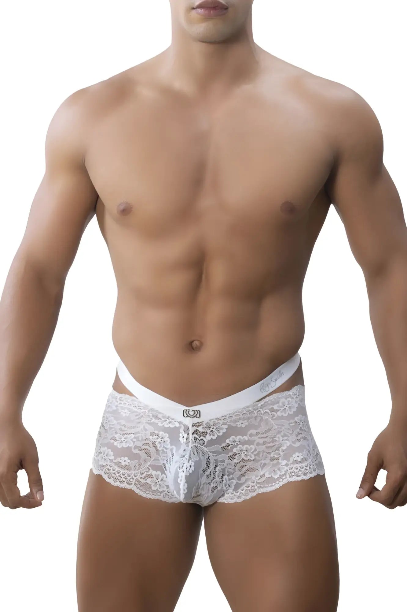 White lace Roger Smuth RS047 trunks with delicate floral pattern and smooth elastic waistband in white color