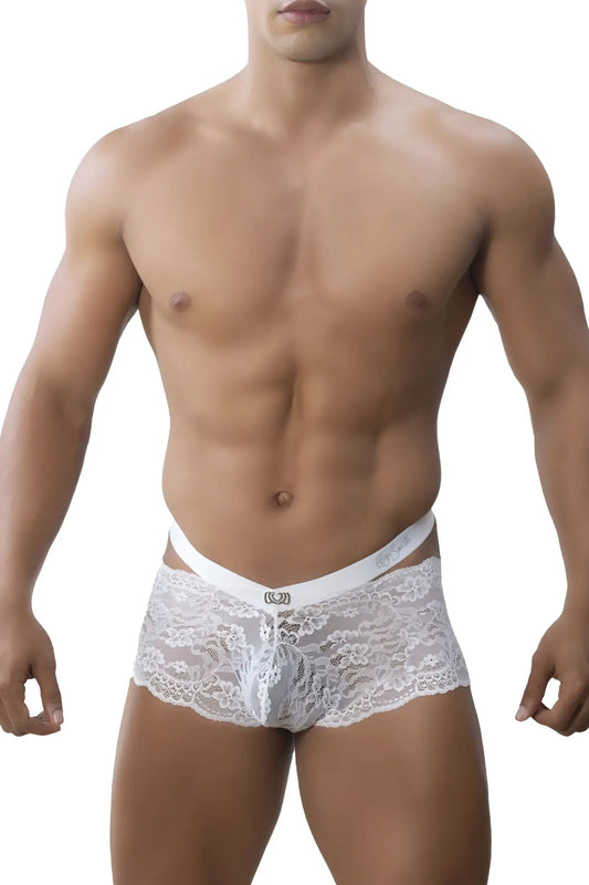 White lace Roger Smuth RS047 trunks with delicate floral pattern and smooth elastic waistband in white color