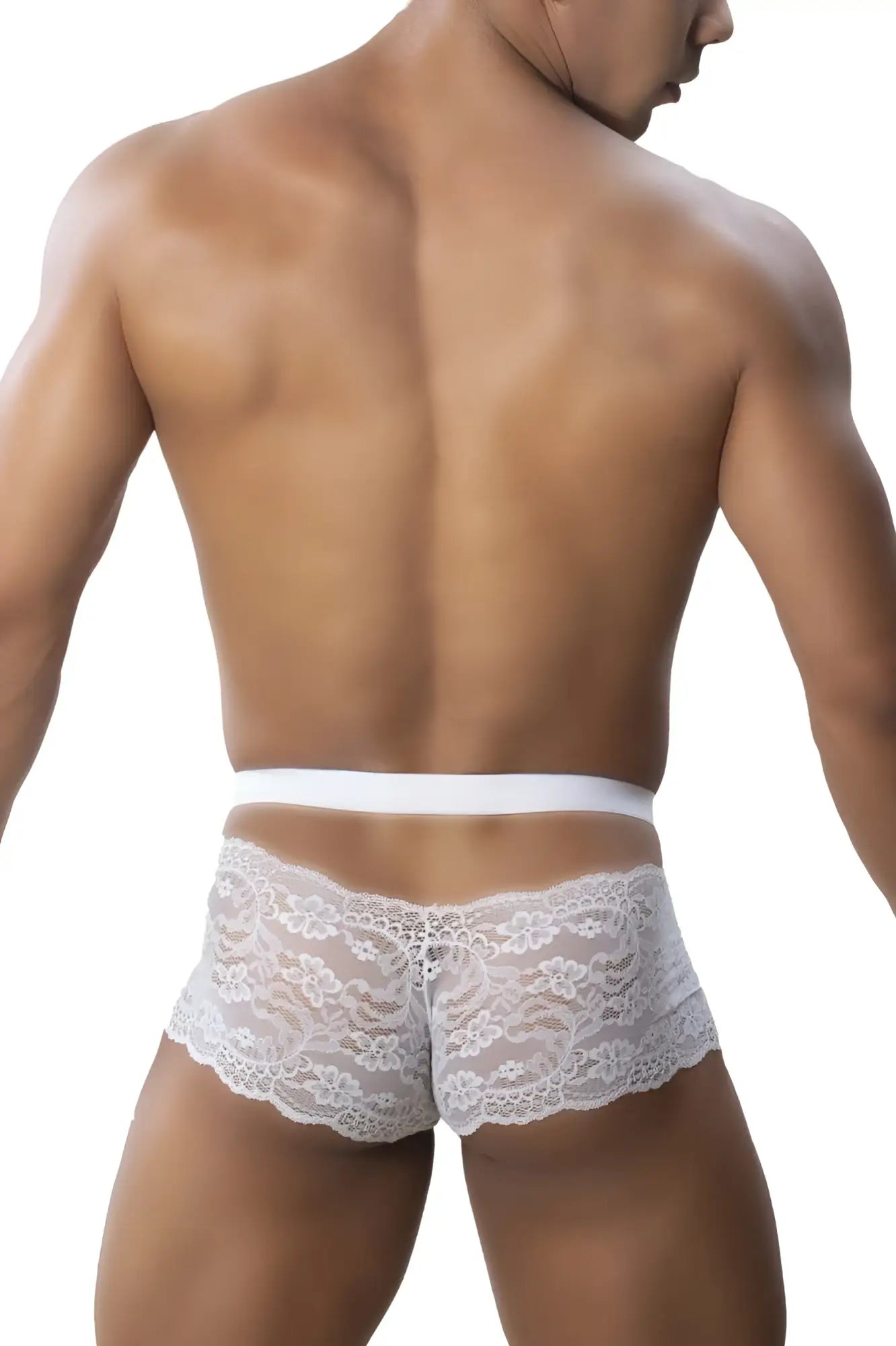 White lace briefs with a delicate floral pattern and solid white waistband by roger smuth rs047 trunks color white
