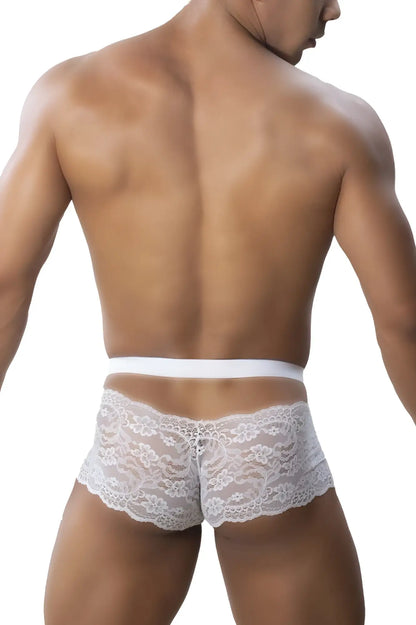 White lace briefs with a delicate floral pattern and solid white waistband by roger smuth rs047 trunks color white