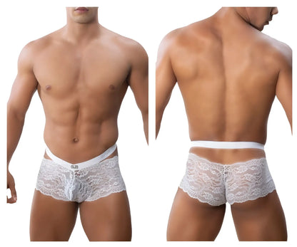 White lace men’s underwear trunks by Roger Smuth RS047 featuring a delicate floral pattern and elastic waistband