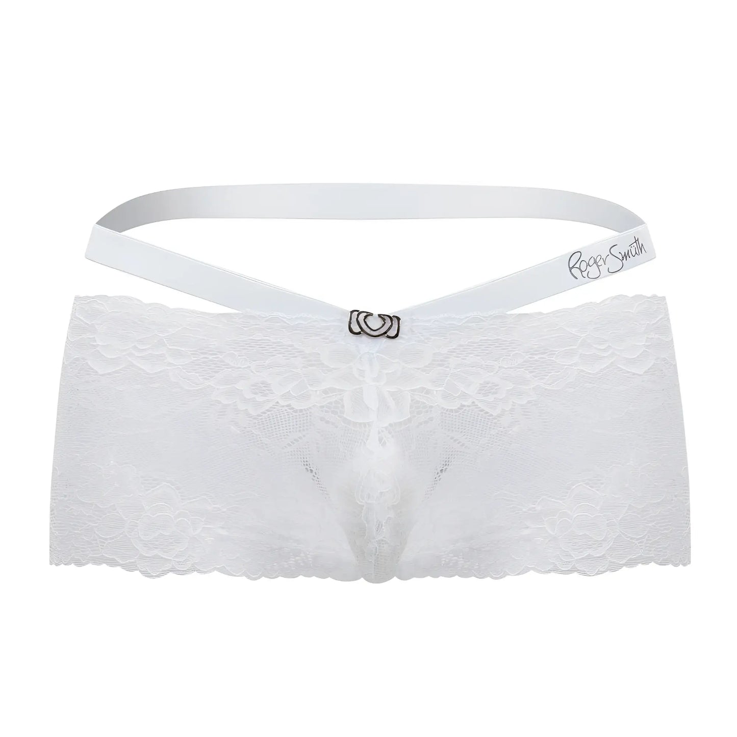 White lace thong with satin waistband and silver clasp featuring roger smith embroidery in white rs047 trunks color