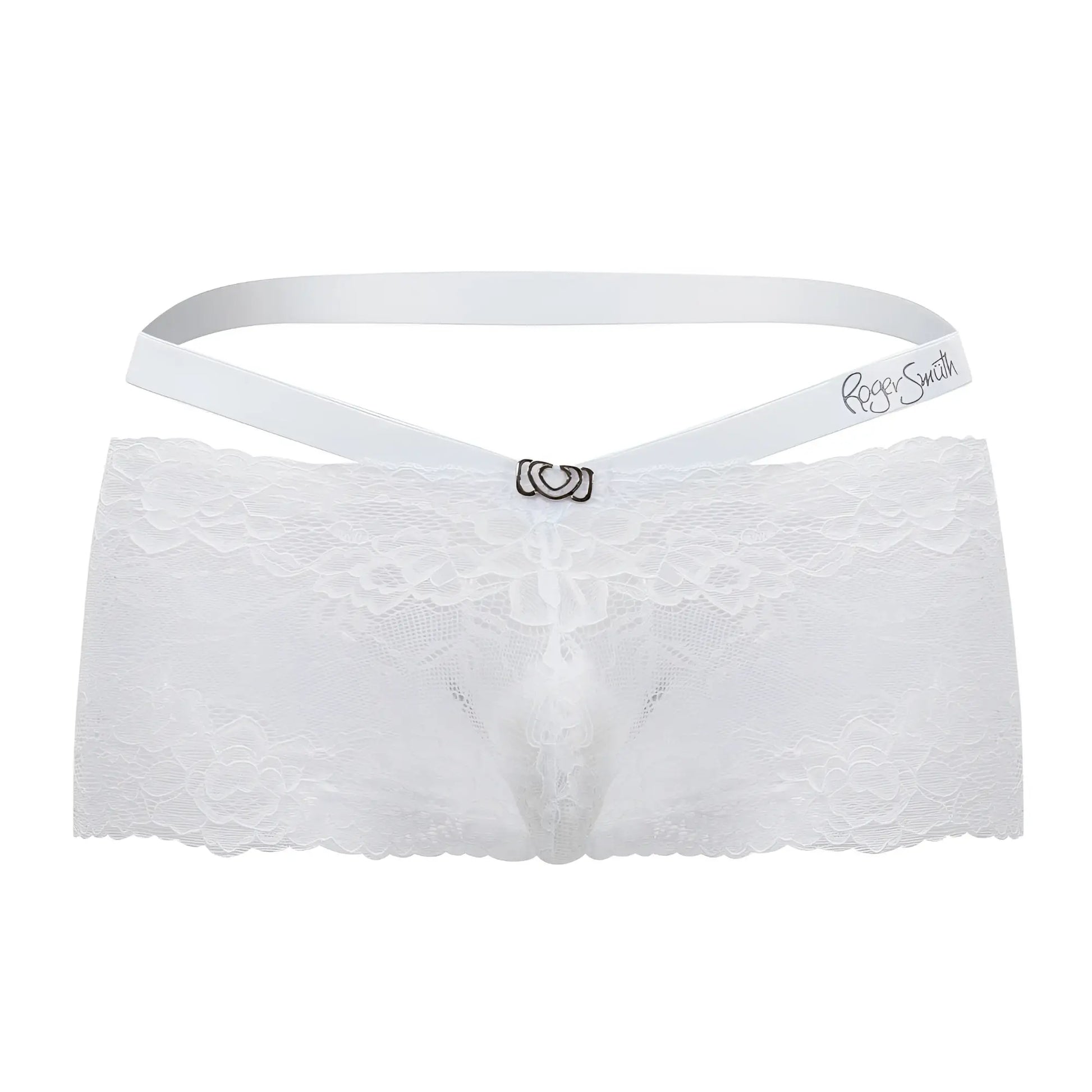 White lace thong with satin waistband and silver clasp featuring roger smith embroidery in white rs047 trunks color