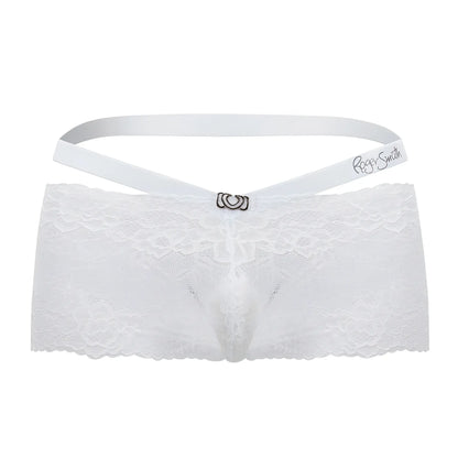 White lace thong with satin waistband and silver clasp featuring roger smith embroidery in white rs047 trunks color