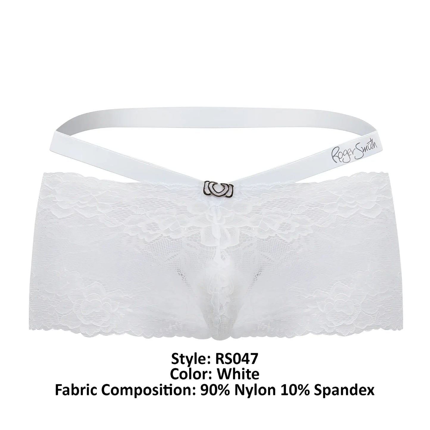 White lace thong with satin waistband and silver heart clasp embroidered roger smith brand rs047 trunks white