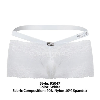 White lace thong with satin waistband and silver heart clasp embroidered roger smith brand rs047 trunks white