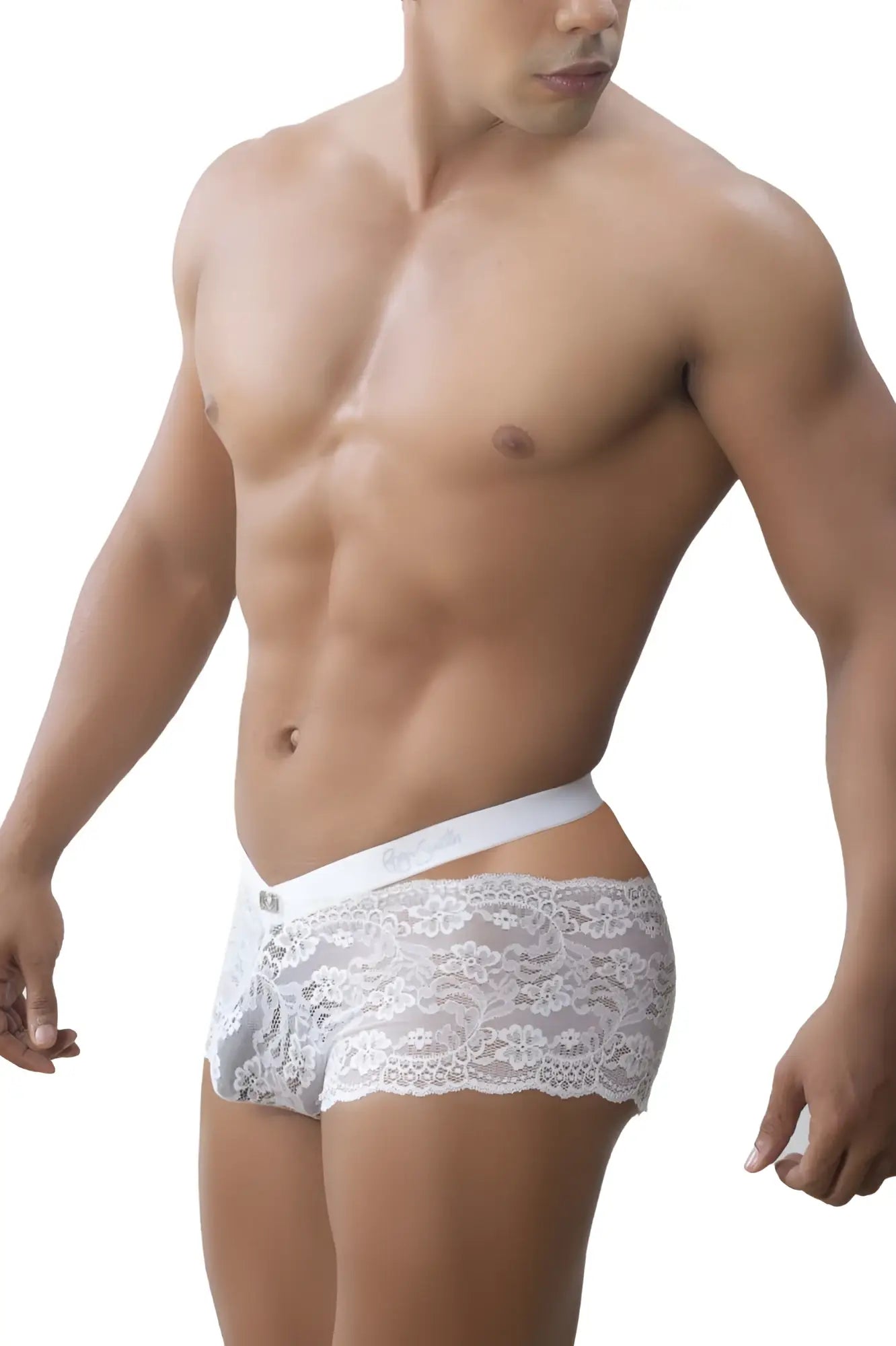 Roger smuth rs047 white briefs with white lace trim floral pattern and smooth elastic waistband front view