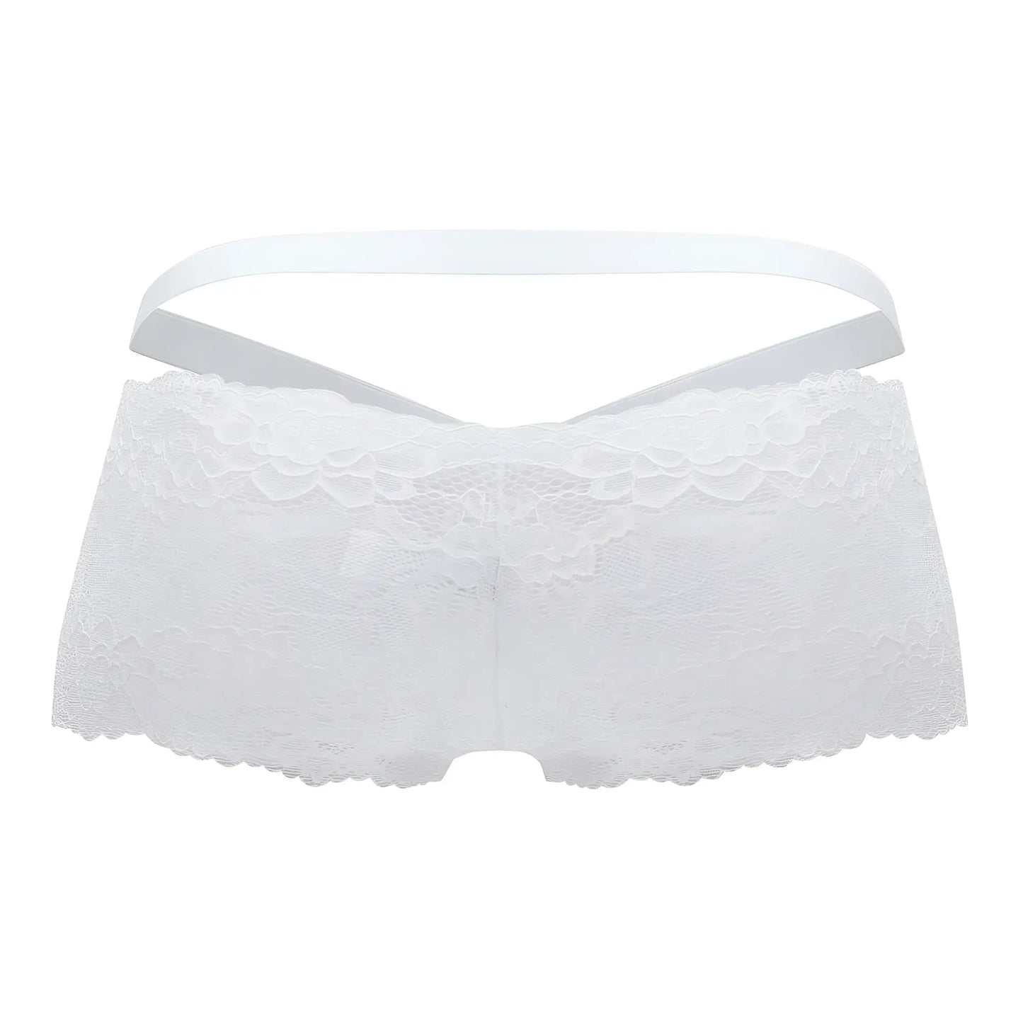 White lace roger smuth rs047 trunks featuring a delicate floral pattern and thin elastic waistband in white