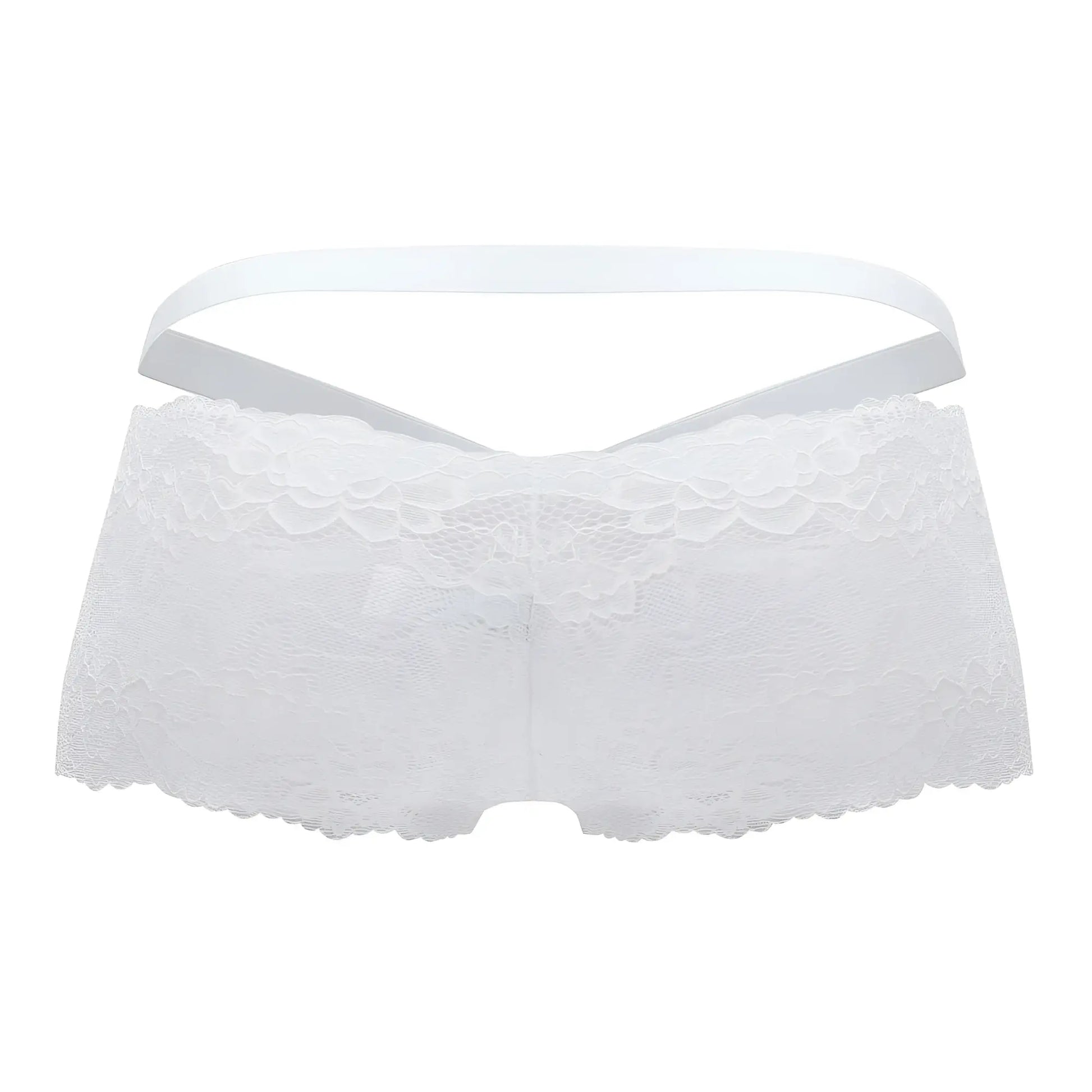 White lace roger smuth rs047 trunks featuring a delicate floral pattern and thin elastic waistband in white