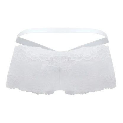 White lace roger smuth rs047 trunks featuring a delicate floral pattern and thin elastic waistband in white