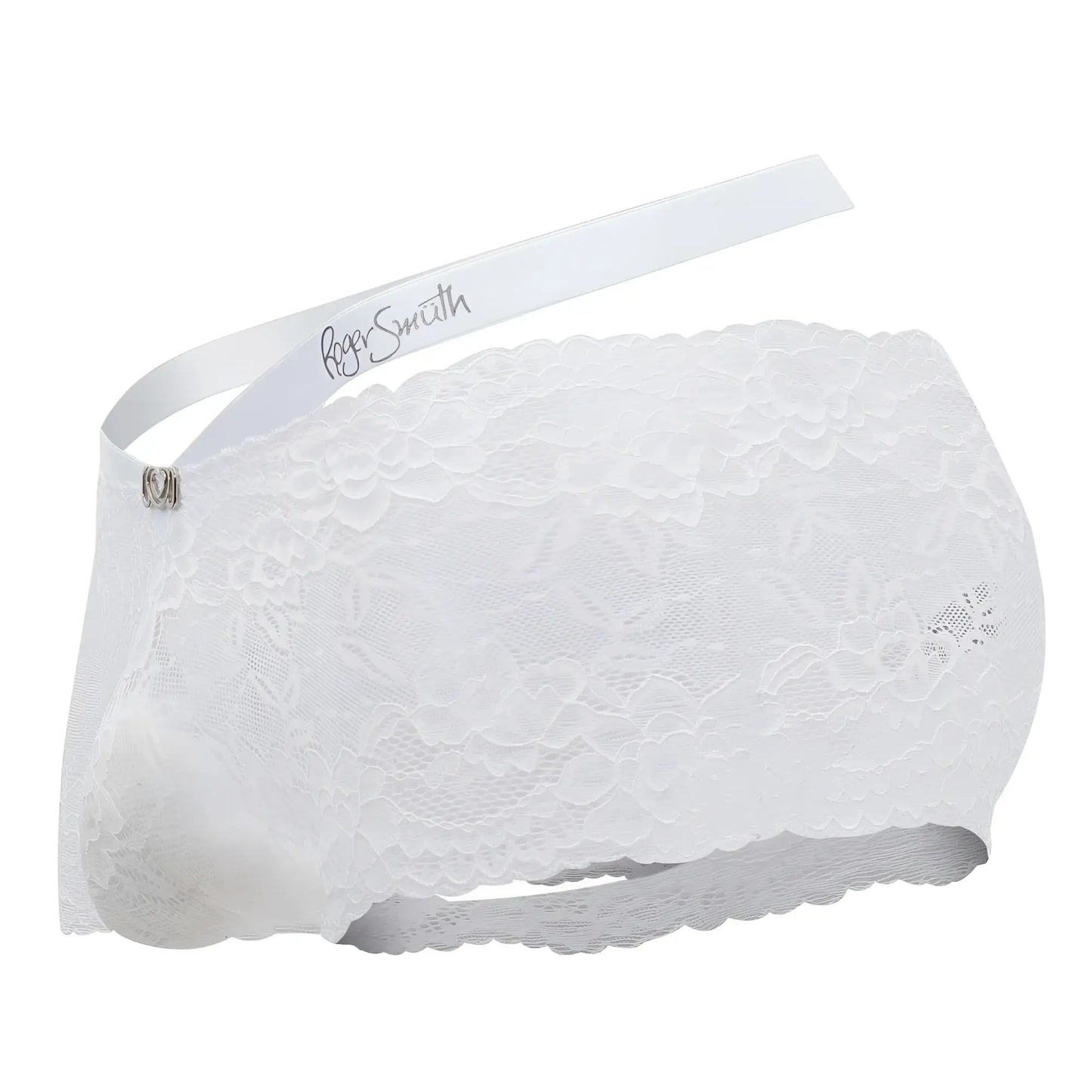 White lace roger smith rs047 trunks with scalloped edge and satin ribbon waistband in white