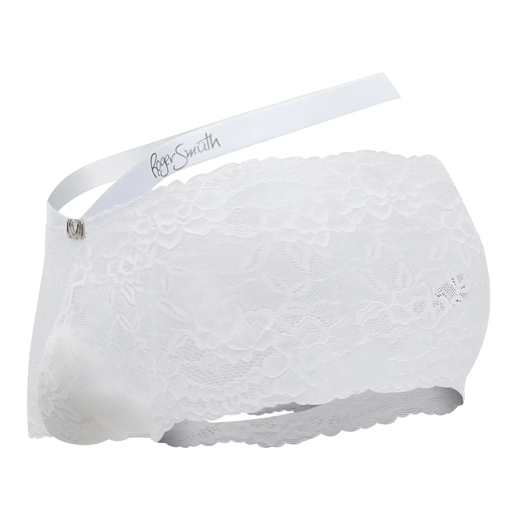 White lace roger smith rs047 trunks with scalloped edge and satin ribbon waistband in white
