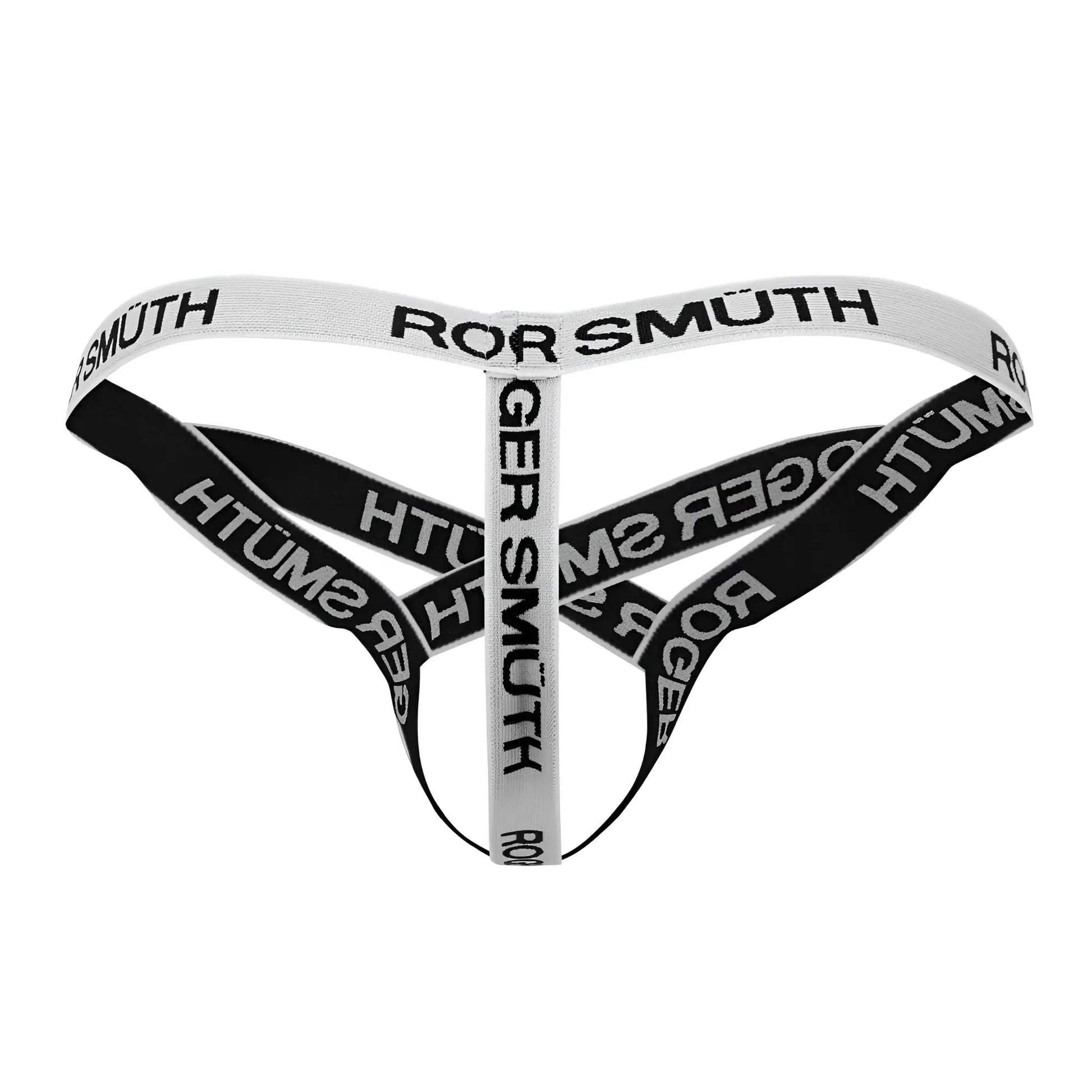 White roger smuth rs067 thong with black crisscross design showing front side in a comfortable fabric blend