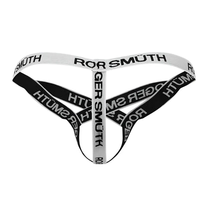 White roger smuth rs067 thong with black crisscross design showing front side in a comfortable fabric blend