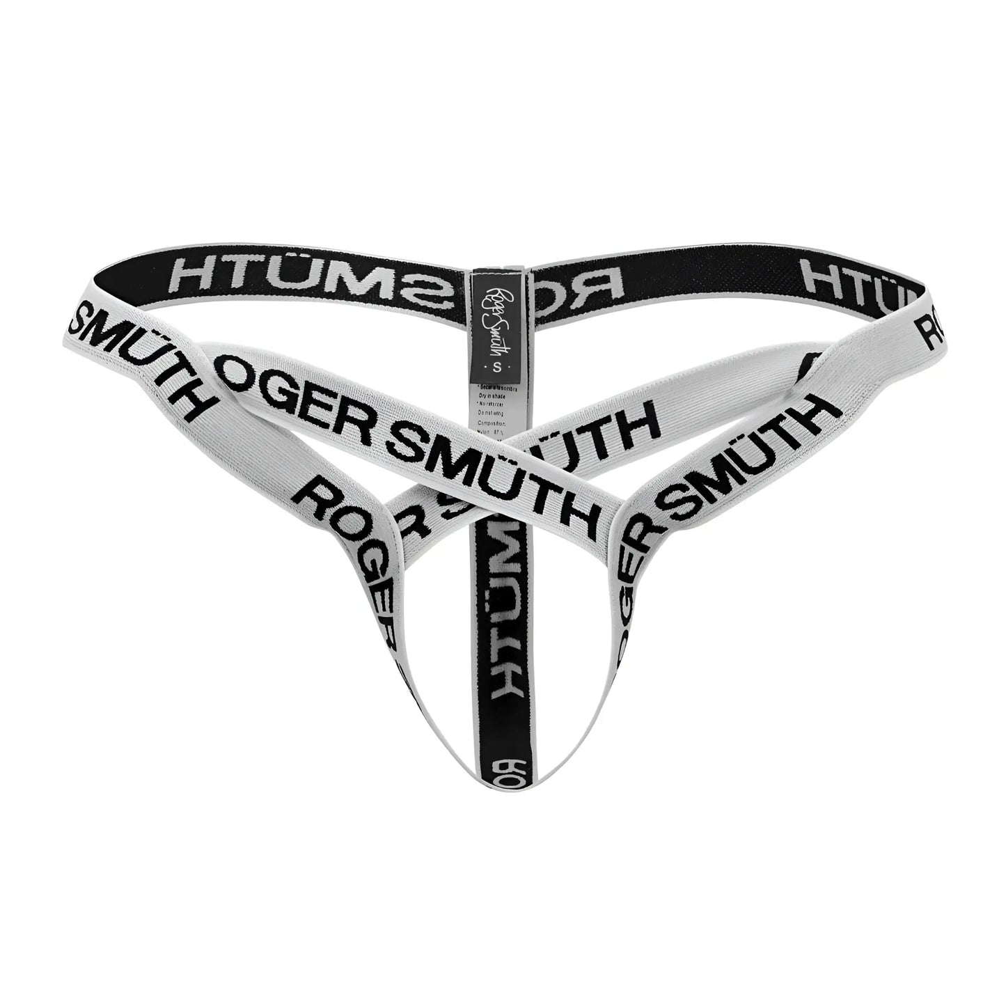 White and black Roger Smuth RS067 thong with bold elastic band lettering and comfortable fit