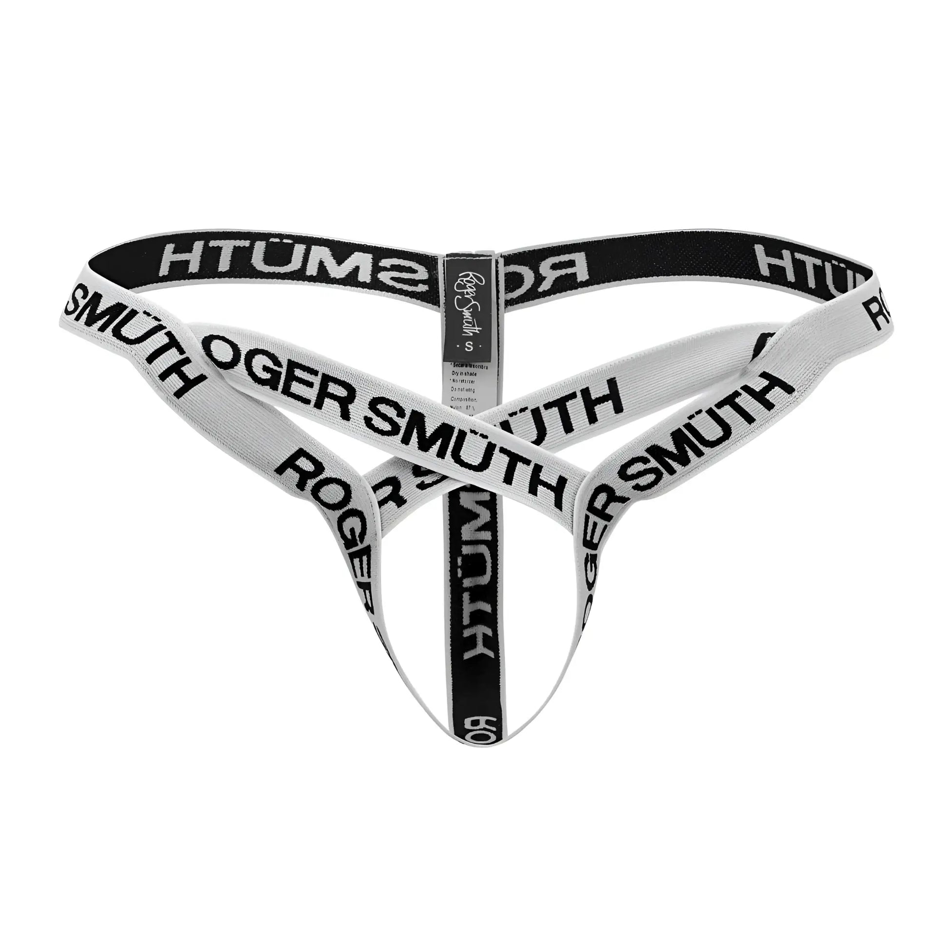 White and black Roger Smuth RS067 thong with bold elastic band lettering and comfortable fit