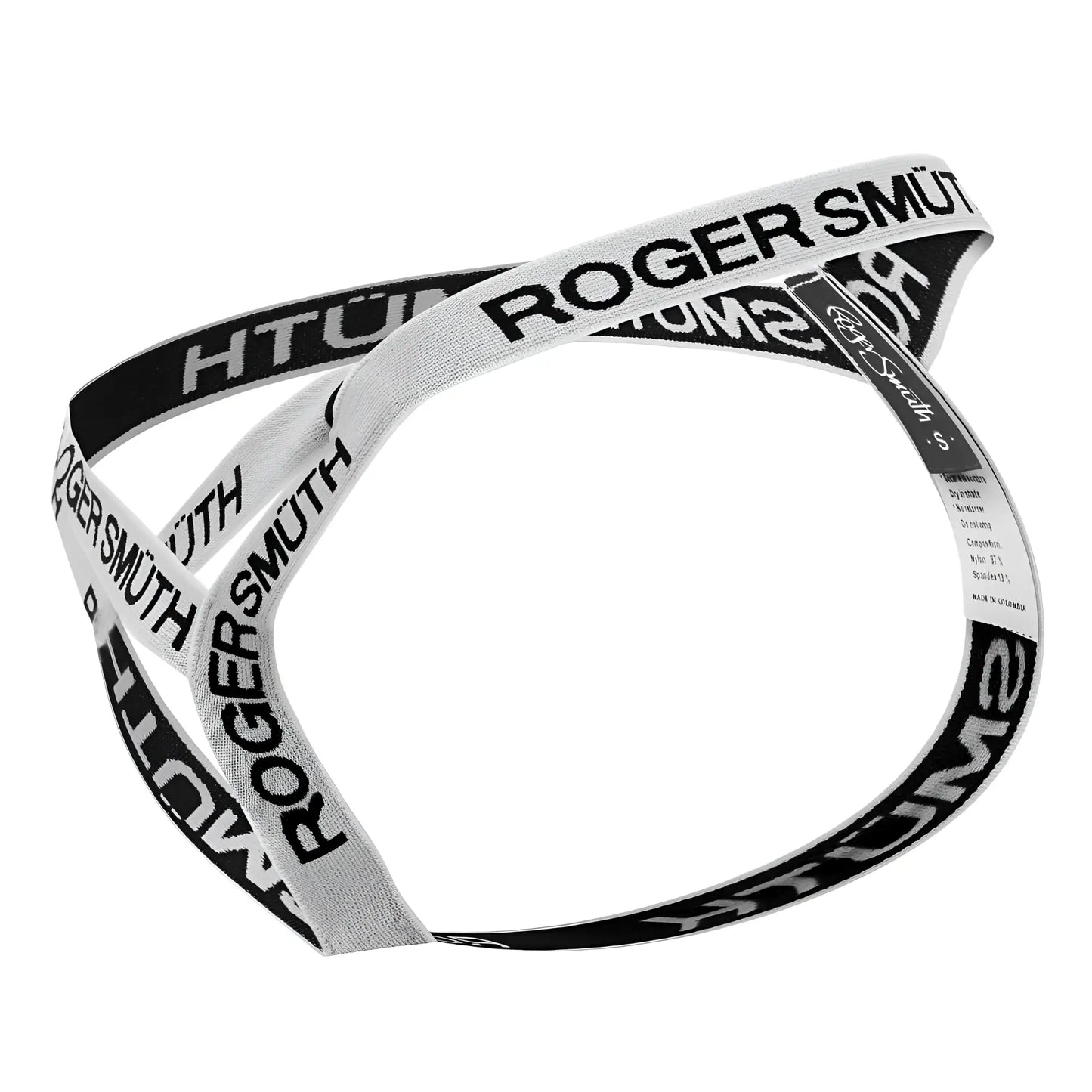 White roger smüth rs067 thong with black and white striped elastic waistband featuring bold roger smüth branding