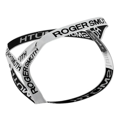 White roger smüth rs067 thong with black and white striped elastic waistband featuring bold roger smüth branding