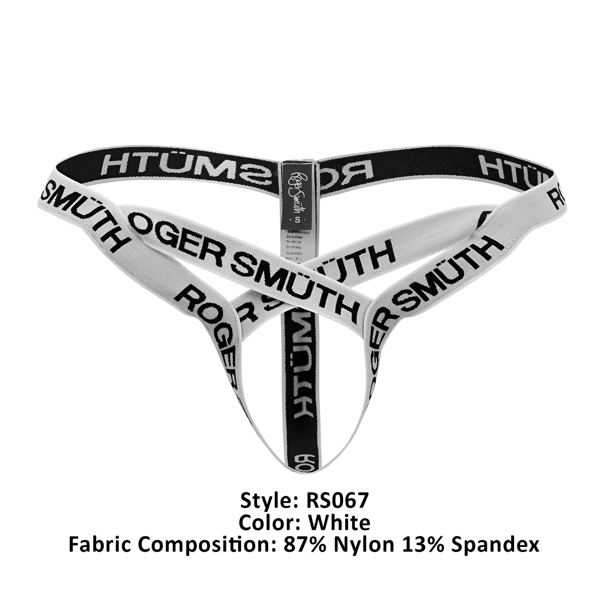 White roger smuth rs067 thong made of 87% nylon and 13% spandex with black branding on front side