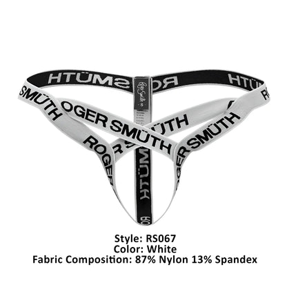 White roger smuth rs067 thong made of 87% nylon and 13% spandex with black branding on front side