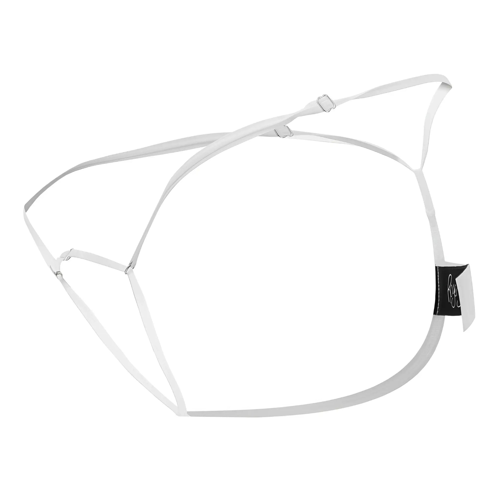 White minimalist strappy lingerie thong with adjustable metal clasps and sleek modern design by Roger Smuth rs068