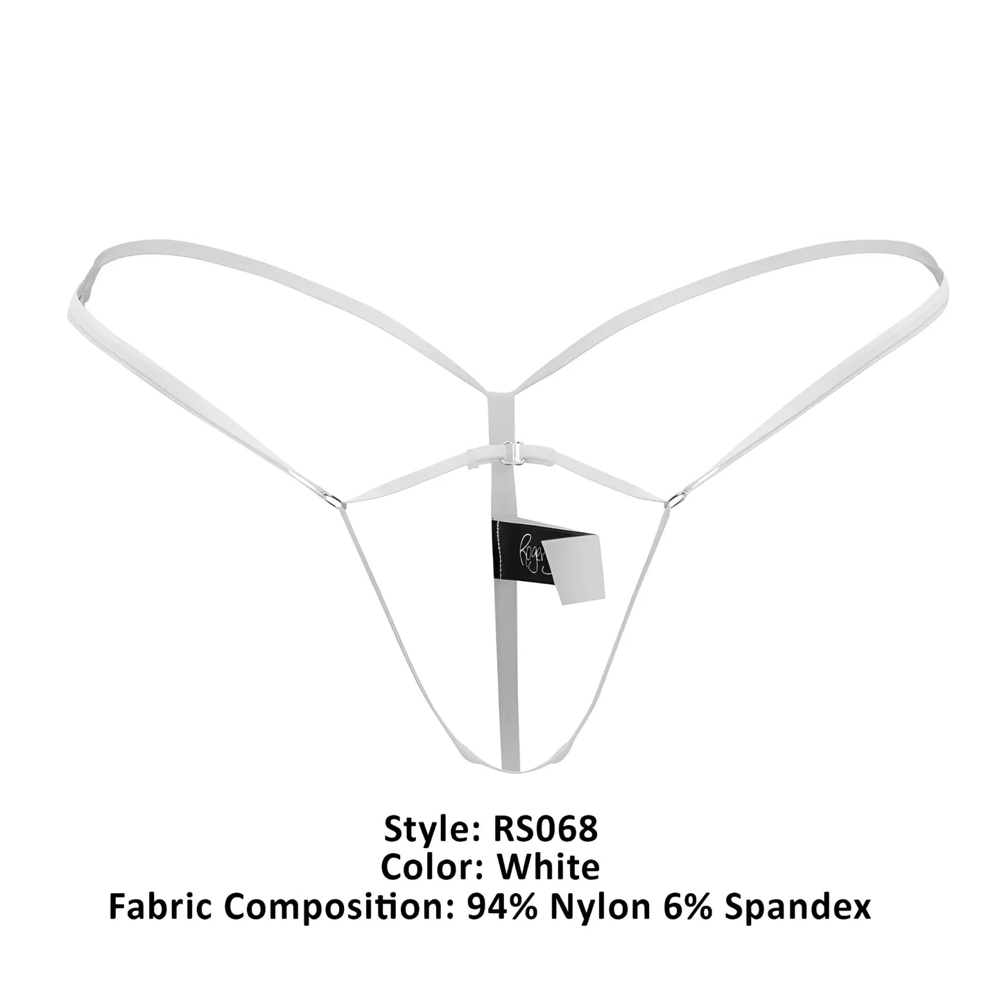 Roger smuth rs068 white thong with thin straps made of 94% nylon and 6% spandex in a minimalist design