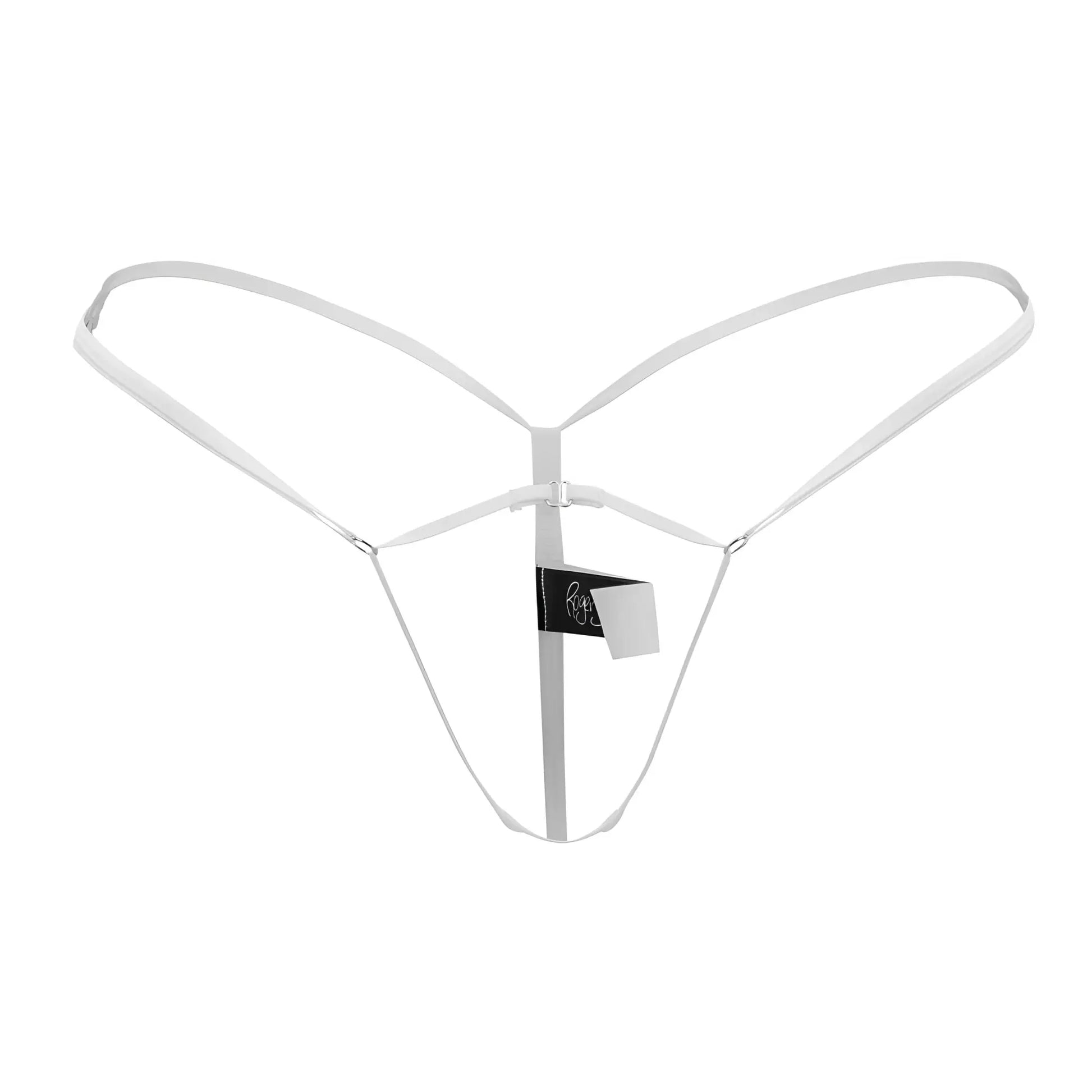 White Roger Smuth RS068 thong made of thin smooth elastic with minimalist design and small metallic clasp at center