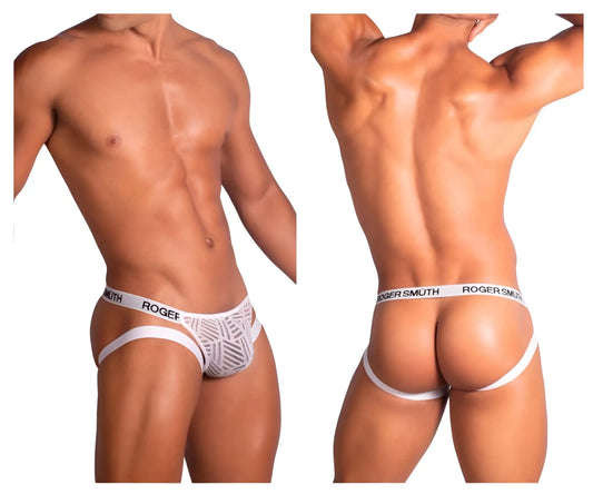 White roger smuth rs071 jockstrap briefs with geometric pattern and elastic waistband front view