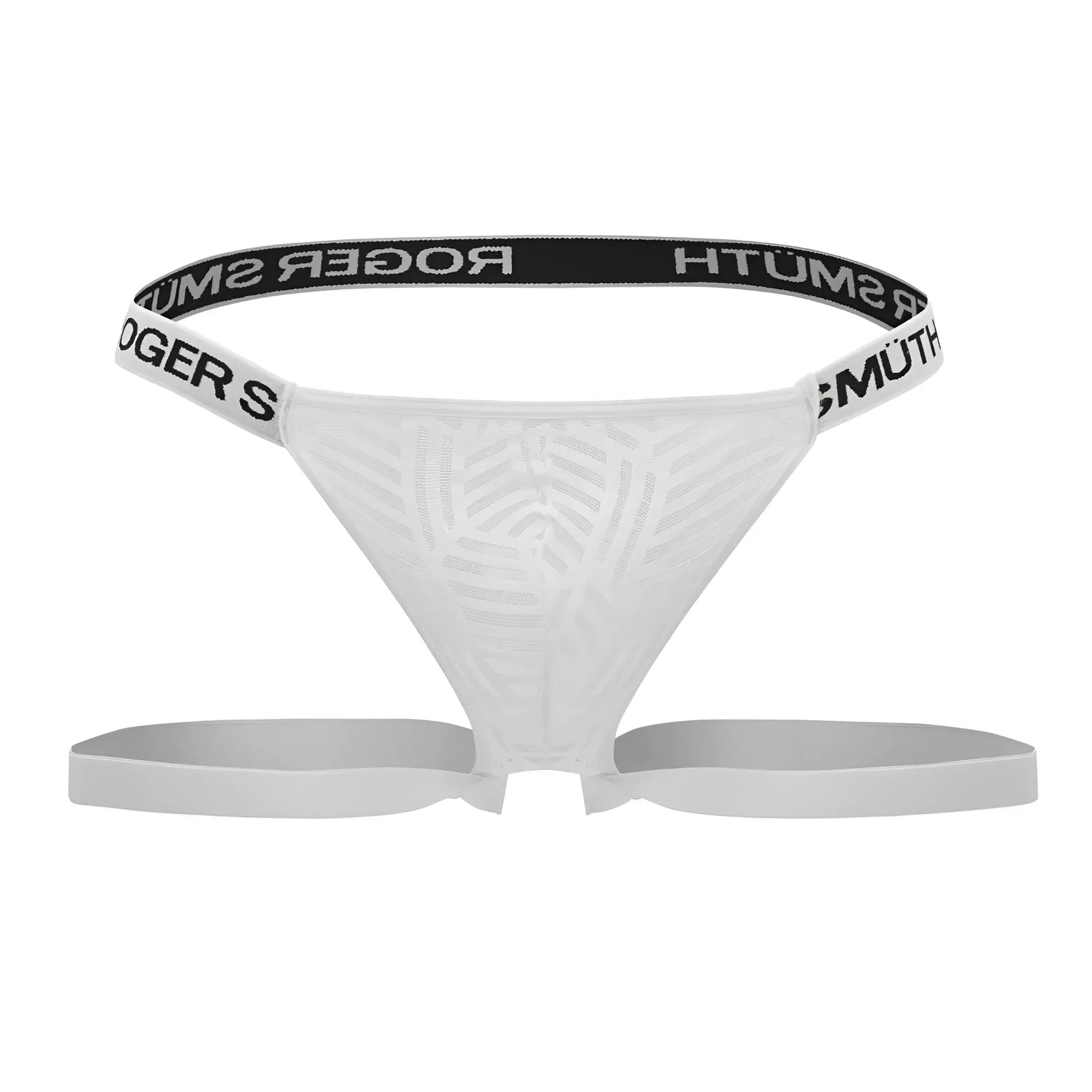 White roger smith rs071 jockstrap thong with subtle texture and black elastic waistband with roger smith branding