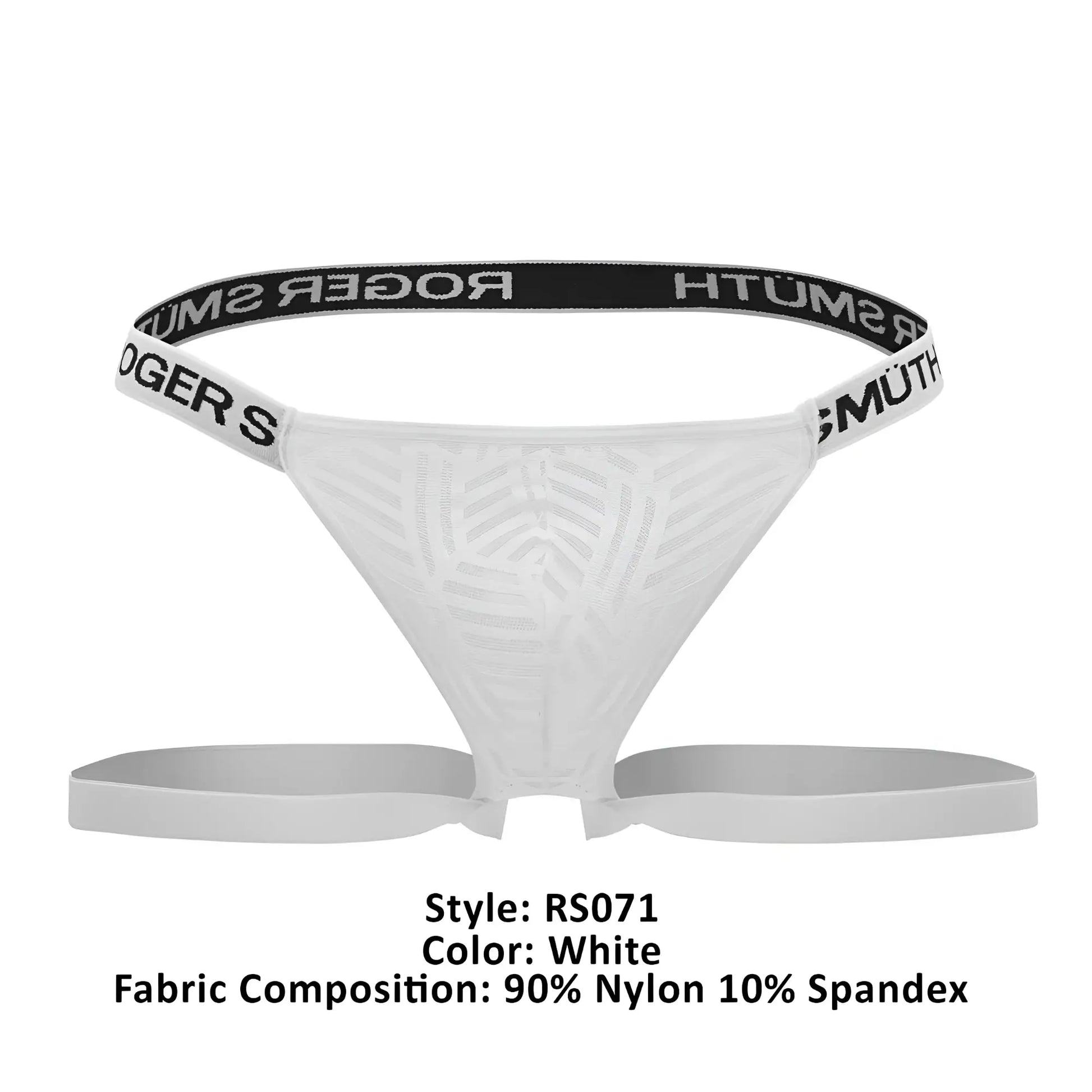 White Roger Smuth RS071 jockstrap with subtle textured pattern and black elastic waistband featuring brand name