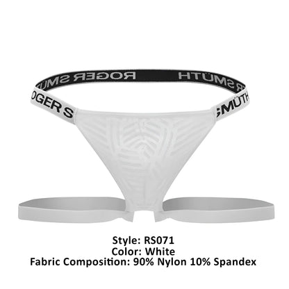 White Roger Smuth RS071 jockstrap with subtle textured pattern and black elastic waistband featuring brand name