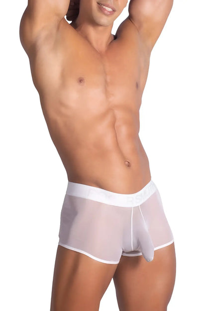 Roger smuth rs072 trunks white sheer mesh briefs with white elastic waistband front view